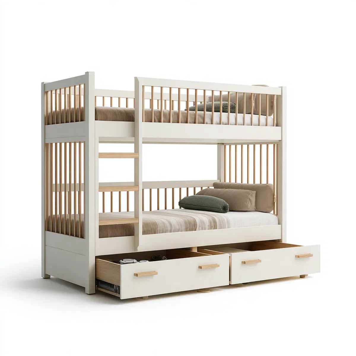 Letto a castello per bambini bianco e naturale 90 x 200 cm in legno massello rettangolare con scala e 2 cassetti
