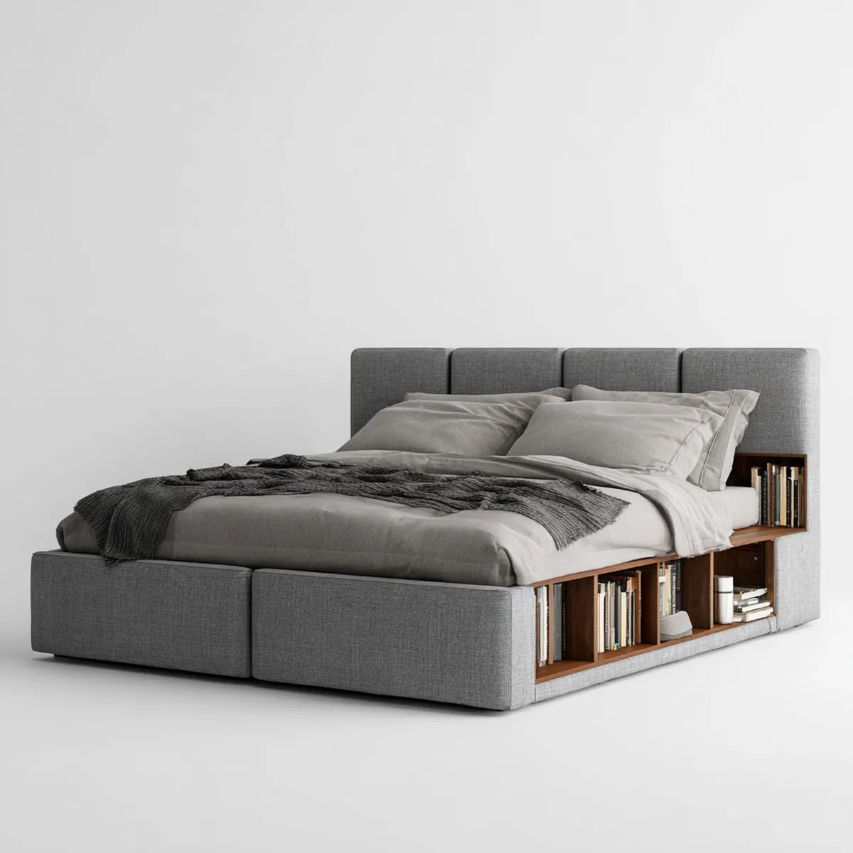 Letto matrimoniale con libreria integrata grigio e marrone 160 x 200 cm in poliestere e MDF rettangolare