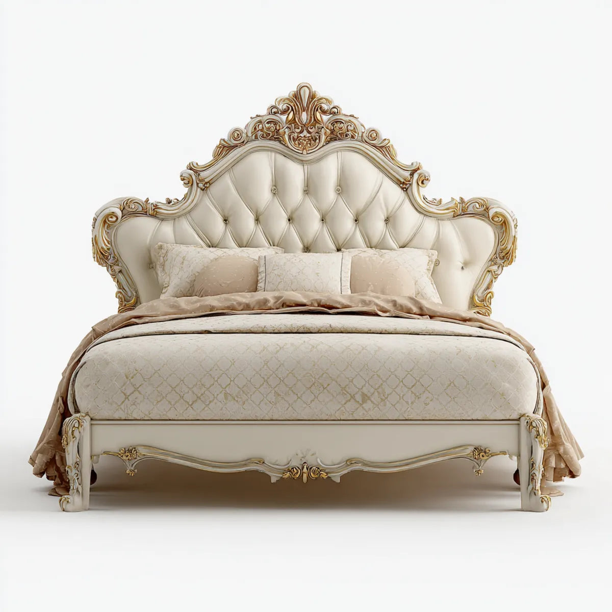 Letto matrimoniale classico avorio e oro 160 x 200 cm in MDF multistrato e rivestimento in PU con testiera capitonné sagomata