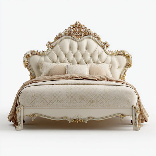 Letto matrimoniale classico avorio e oro 160 x 200 cm in MDF multistrato e rivestimento in PU con testiera capitonné sagomata