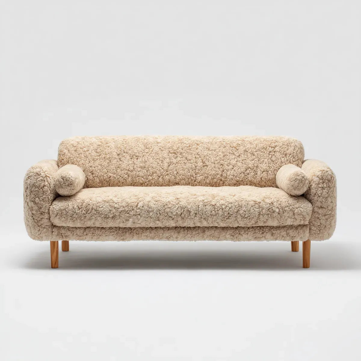 Divano 2 posti beige in poliestere bouclé con cuscini cilindrici e gambe in legno massello 160 x 80 x 78 cm