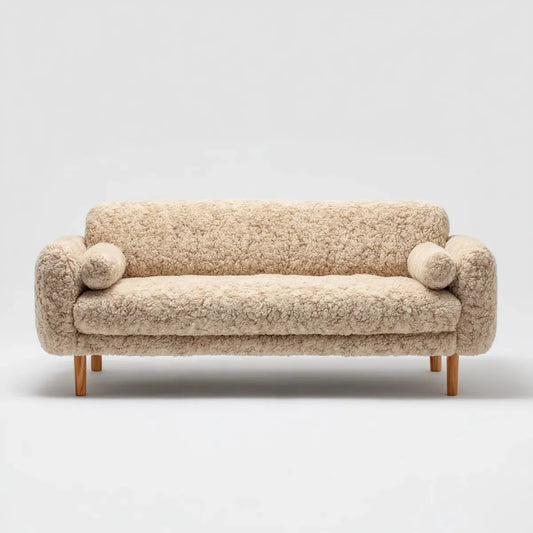 Divano 2 posti beige in poliestere bouclé con cuscini cilindrici e gambe in legno massello 160 x 80 x 78 cm