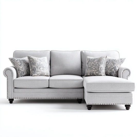 Divano angolare 3 posti grigio chiaro con chaise longue destra 250 x 160 x 90 cm in poliestere e legno massello forma a L